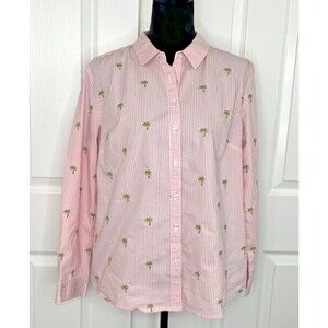 Lemon Way Shirt Womens Large Pink Striped Button Up Palm Trees Embroidery Preppy